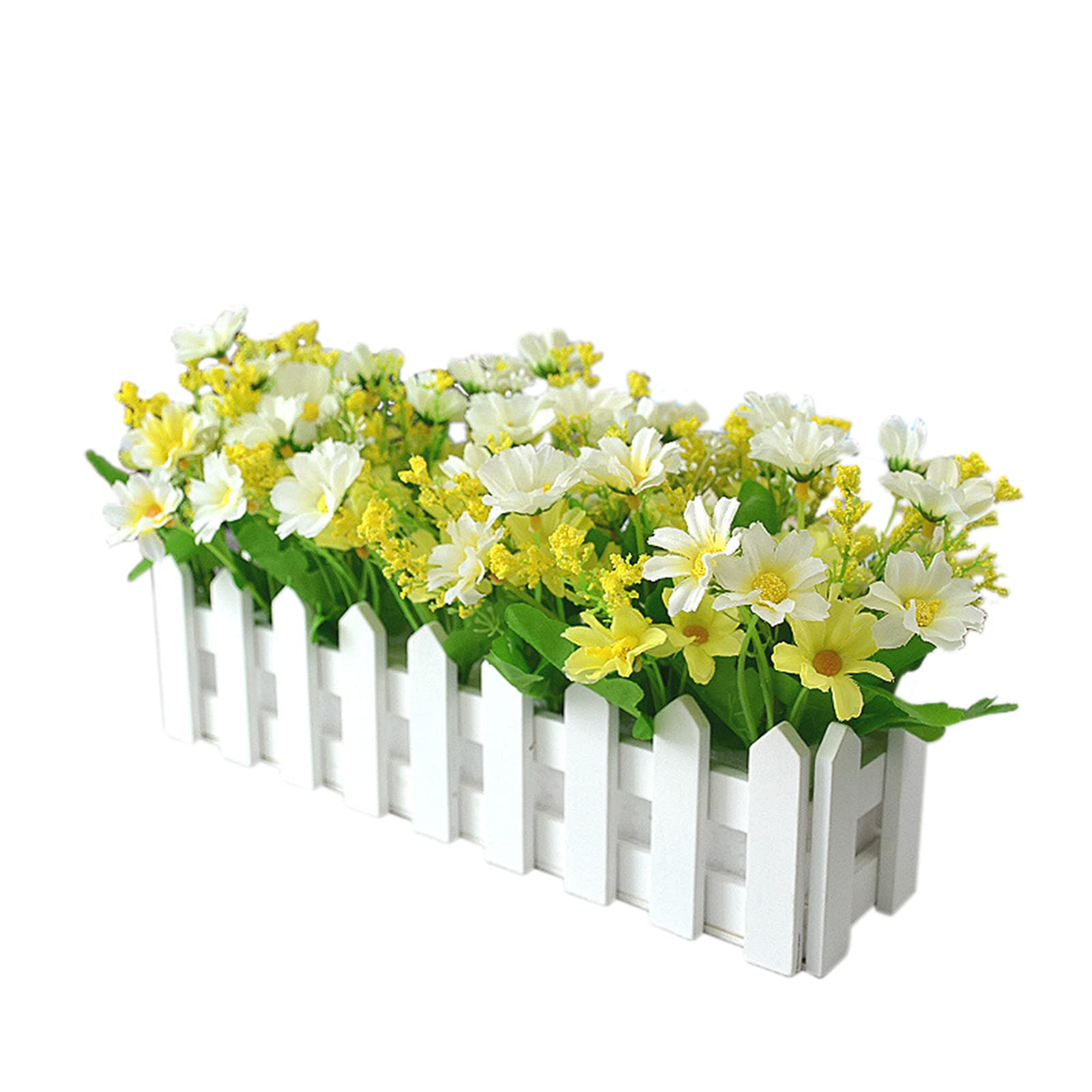 Marooma Beige Artificial Flowers In Picket Fence Pot - Fake Jumping Orchid Chrysanthemum Plants - Mini Potted Plant For Indoor Farmhouse Wedding Home Decor(Tender Green)