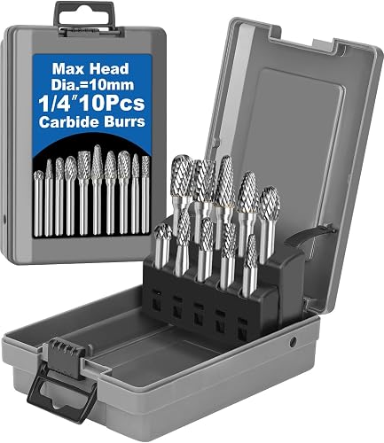 Sworker 10Pcs Carbide Burr Set 1/4 Shank w/Grey Box Max Head Dia 10mm Die Grinder Bits Rotary Tools Attachment Kit Rasp Accessories Metal Wood Stone Steel Grinding Deburring Cutting Porting Carving