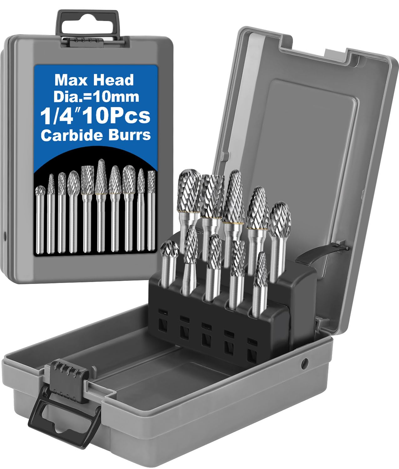 10Pcs 1/4 Shank Carbide Burr Set with Gray Case Head Max Diameter 10mm Grinder Bits Compatible with Milwaukee Rotary Tools, Rasp Accessories,
