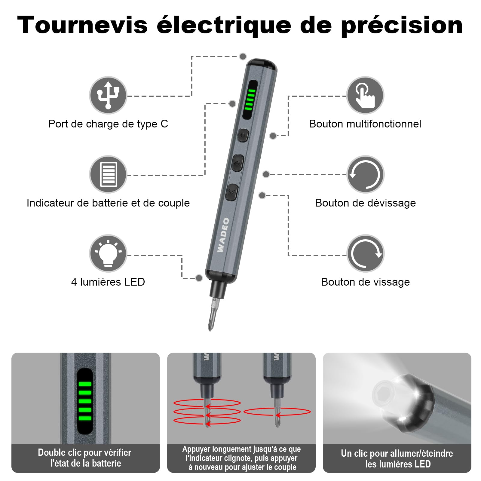 WADEO Tournevis Electrique Sans Fil, 82 en 1 Tournevis de Précision Rechargeable avec 64 Embouts Magnétiques en Acier S2, 5 Réglages de Couple, 4 LED, pour Ordinateur, Portable, Téléphone, Drone RC