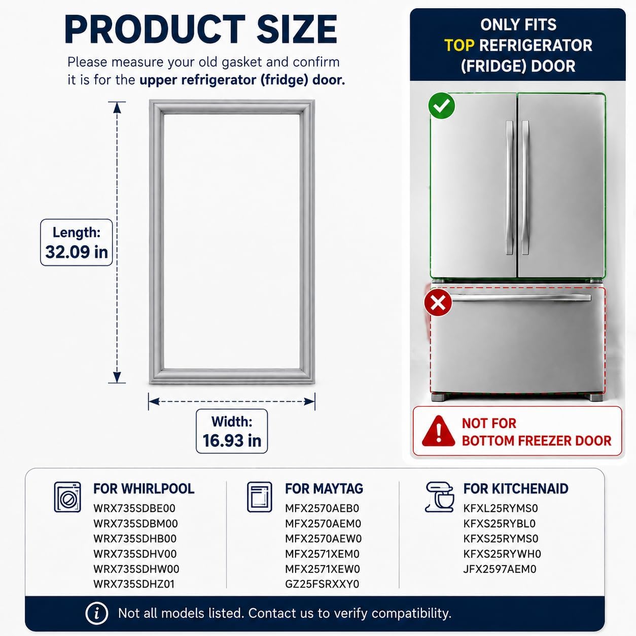 2-Pack Refrigerator Door Seal for Whirlpool WRX735SDHB00 WRX735SDBM00 WRX735SDHV00 WRX735SDHB10 WRX735SDHW00 WRX735SDHZ01 WRX735SDHZ10 MFX2570AEM3 GZ25FSRXYY0, W10830274 Refrigerator Door Gasket