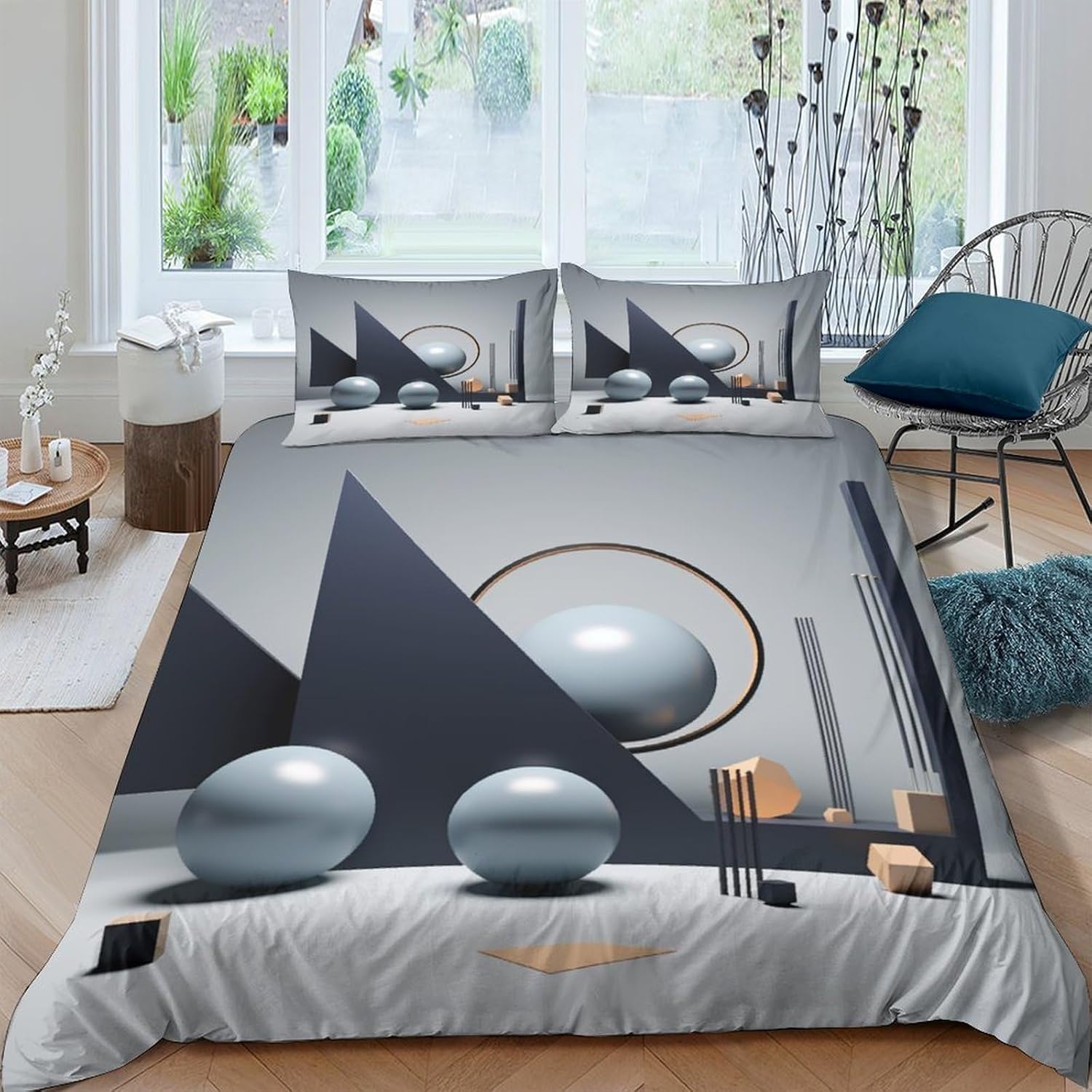 Housse de couette 240x220 cm avec grille géométrique 3D pour lit double