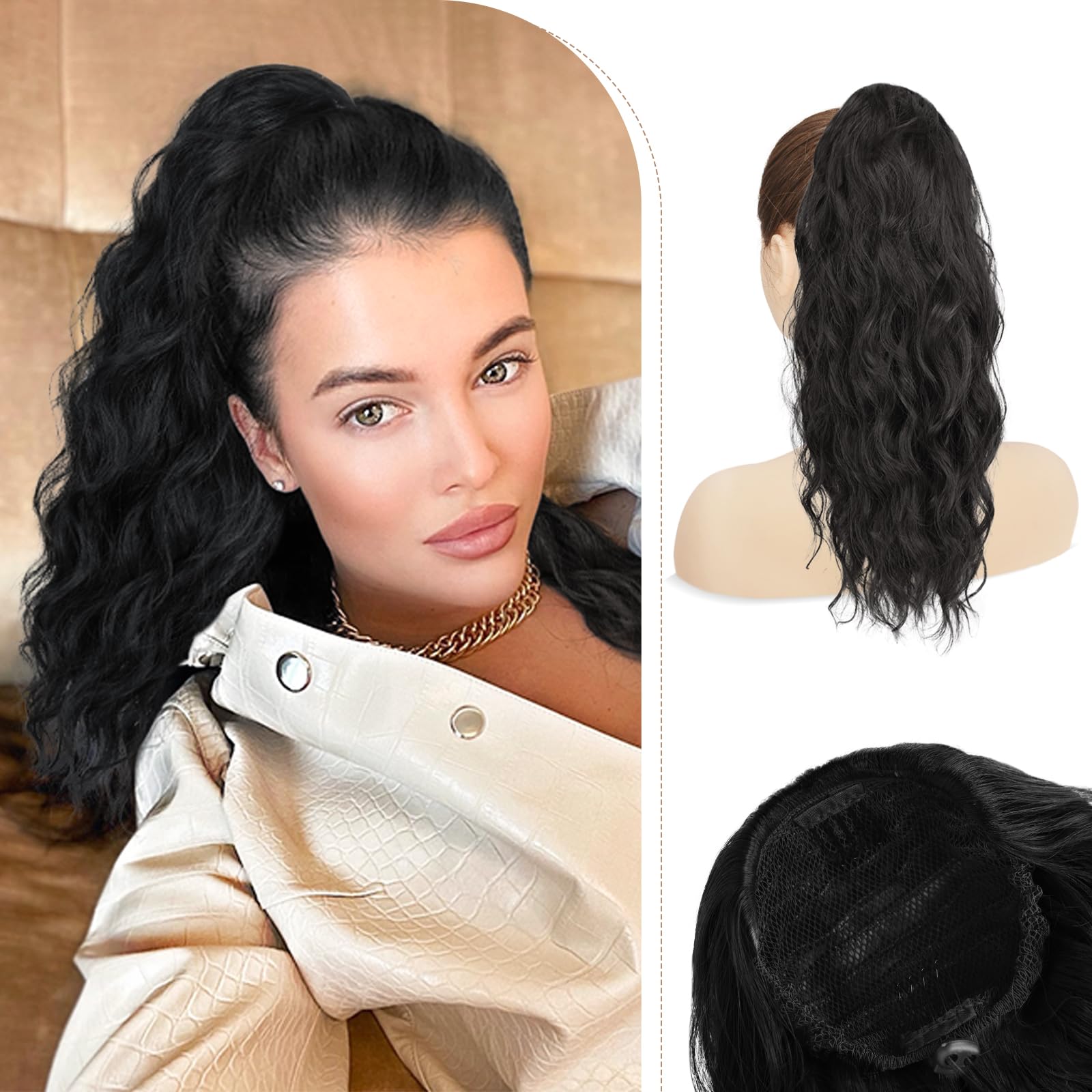 RUWISSPonytail Extension, 18 Inch Wavy Curly Drawstring Ponytail for Daily Party Use, Synthetic Natural Hairpieces for Women, Natural Black