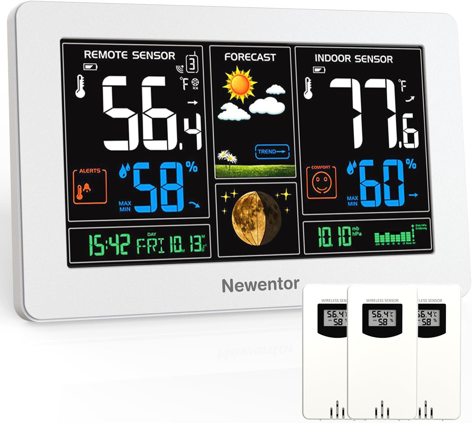 Newentor Weather Station Wireless Indoor Outdoor Thermometer, Color Display Digital Weather Thermometer with Atomic Clock, Barometric Pressure, Forecast Station with Adjustable Backlight,White,3Sensor