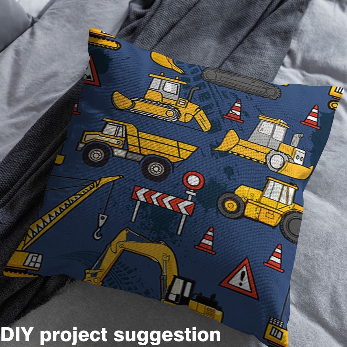 Feelyou Construction Fabric by The Yard, Equipment Trucks Upholstery Fabric, Cartoon Excavator Outdoor Fabric, Tractor Reupholstery Fabric for Chairs, 1 Yard, Navy Blue Yellow