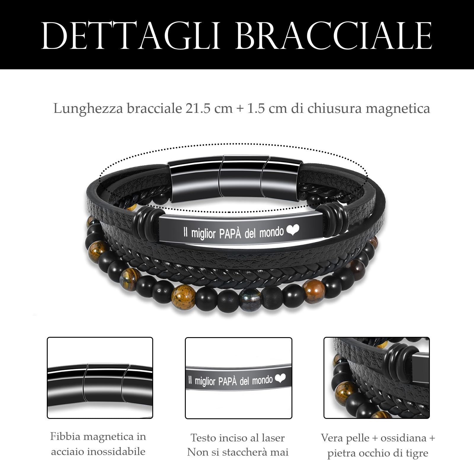 VGWON Regalo Uomo Bracciale da Uomo in Vera Pelle con Pietre Naturali, Regalo per Lui Marito Fidanzato Figlio Papà Nonno, Regalo San Valentino Compleanno Natale Anniversario