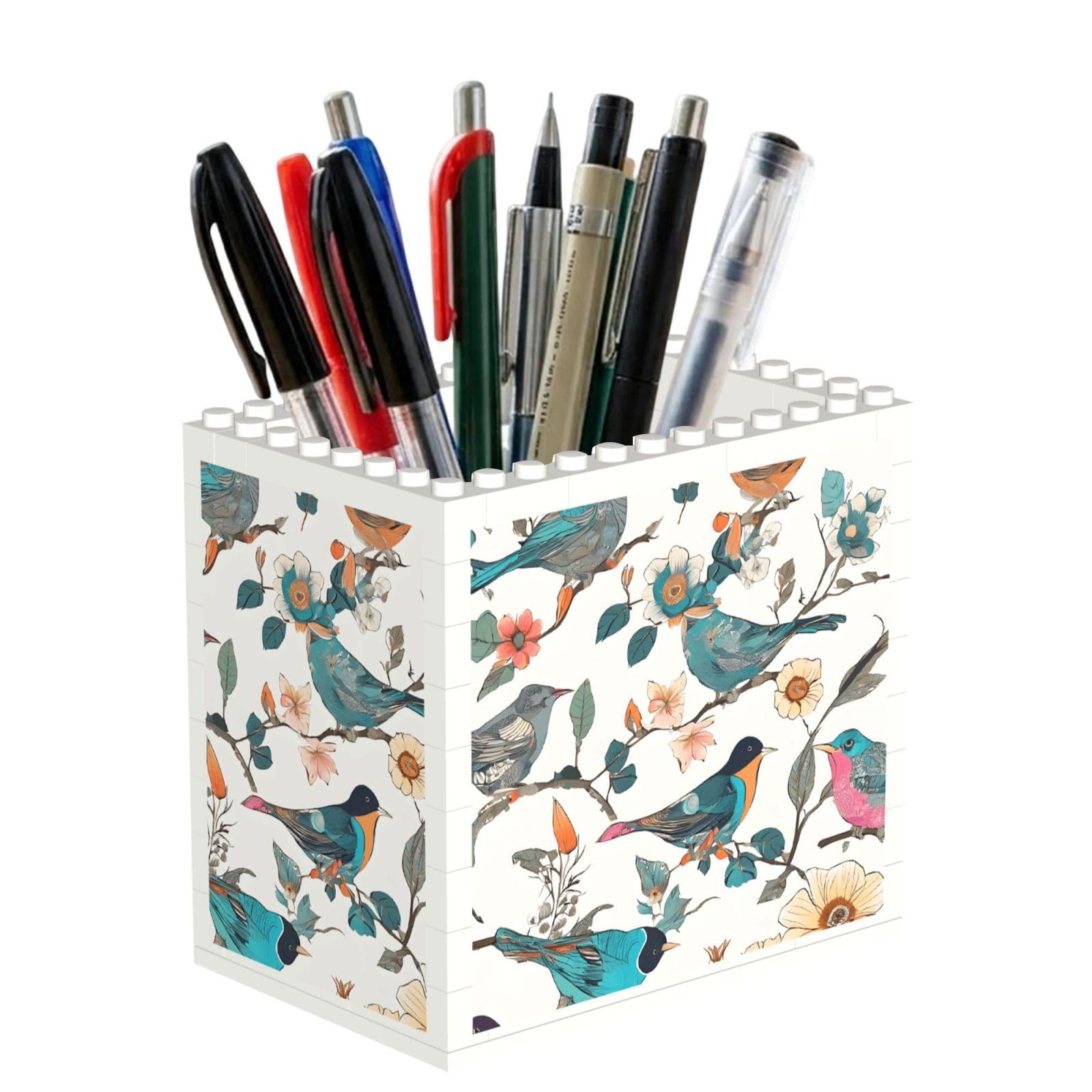 ESNAIUVCD Japanese Pine & Birds Print Building Block Pen Holder - Pencil Holder For Desk/Classroom,Desk Accessories, Multifunctional Office Supplies Pen Organizer Pencil Cups(1pcs)