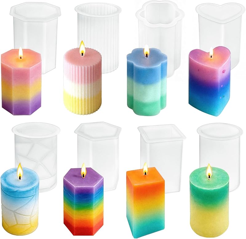 Juego de 8 moldes de silicona para velas, reutilizables de 2 mmFabricación de velas DIY | Moldes cilíndricos de silicona con forma de corazón y flor, fácil liberación para jabón, resina y velas, manualidades navideñas