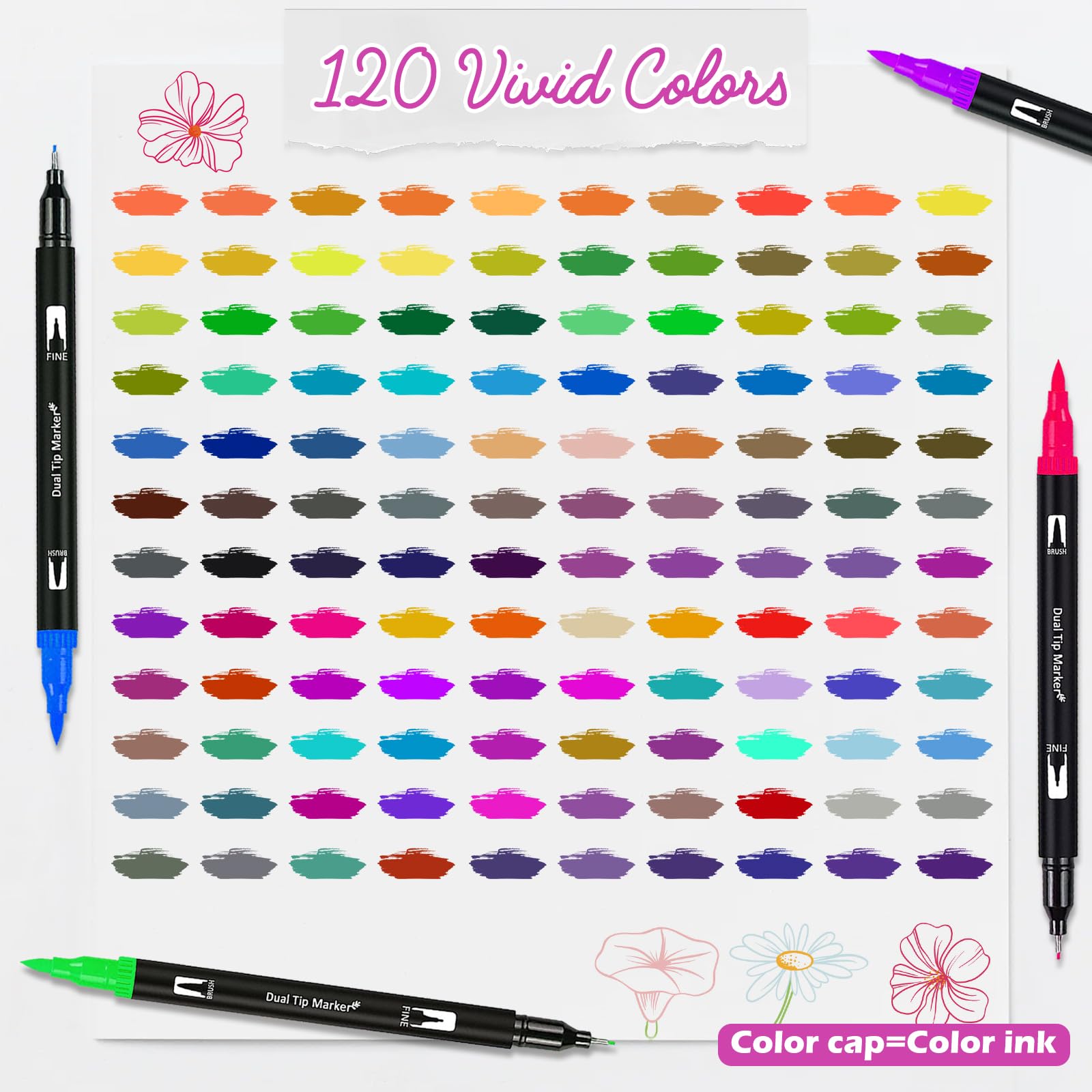 VAKKI 120 Couleurs Feutres Coloriage Adulte, Double Pointe Feutre Aquarelle avec Pointe Fine 0.4mm et Pointe Pinceau 1-2mm, Stylo Feutre pour Enfants Artistes Dessin Calligraphie Cadeau