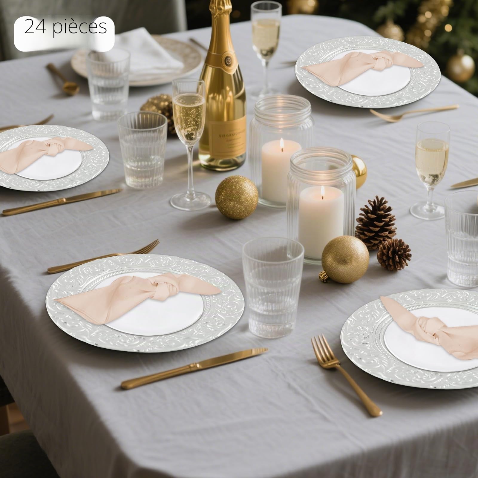 Service de table 24 pièces - Service durable pour 6 personnes - Design vintage - Pour fête, camping, cuisine, hôtel - Argenté