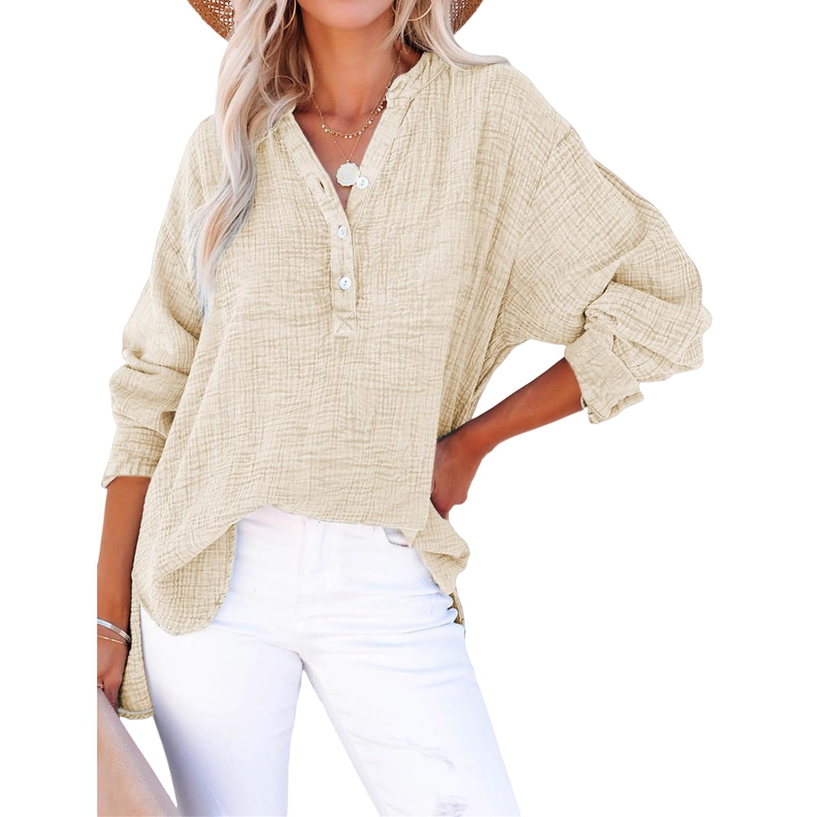 Linen Shirts for Women Casual Button V Neck Long Sleeve Shirts Oversized Dressy Solid Blouses Tops Trendy Summer