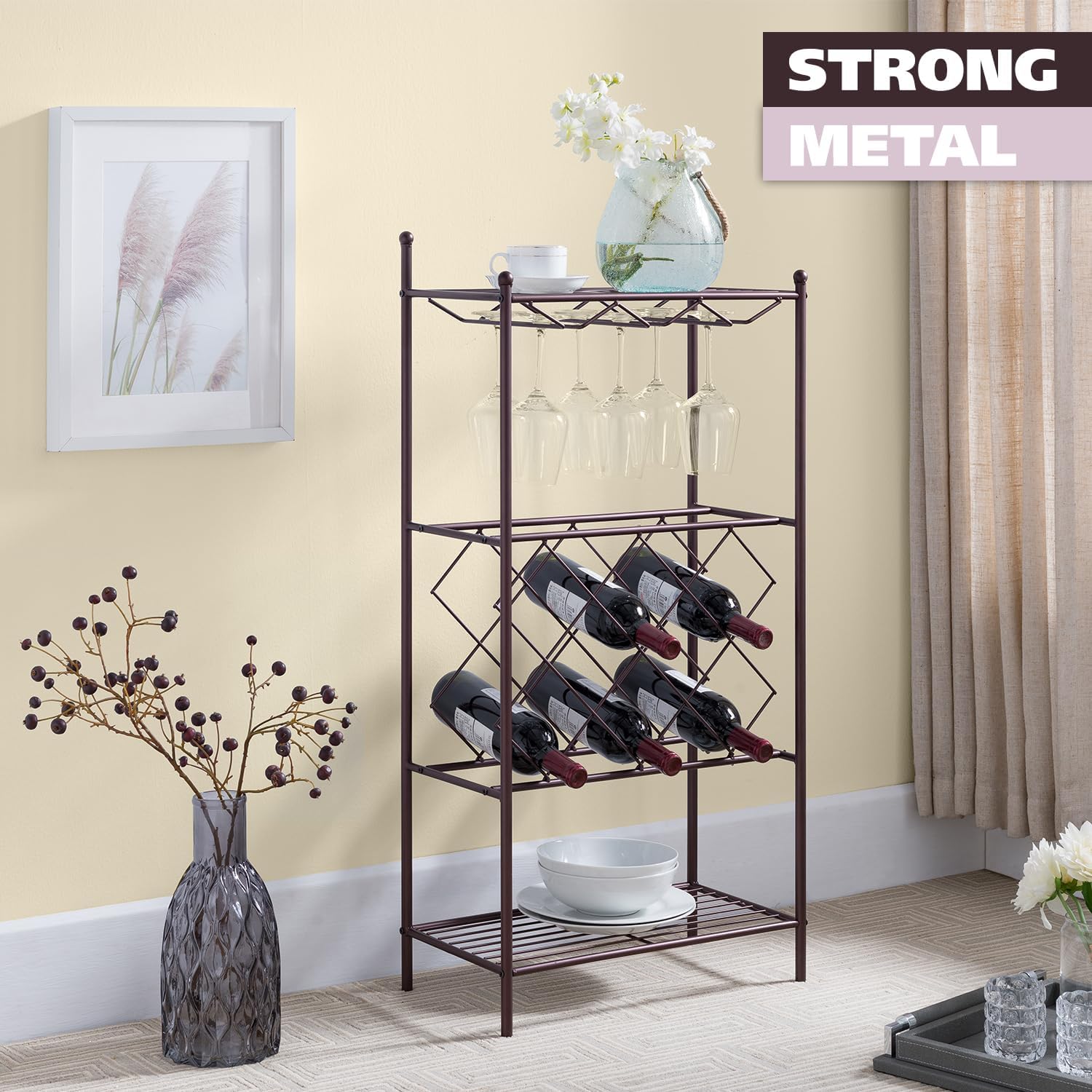 Kings Brand Furniture - Freestanding Floor Metal Wine Rack Stand, Wine Bottle Liquor Cabinet with Glass Holder & Storage Shelves – Bronze
