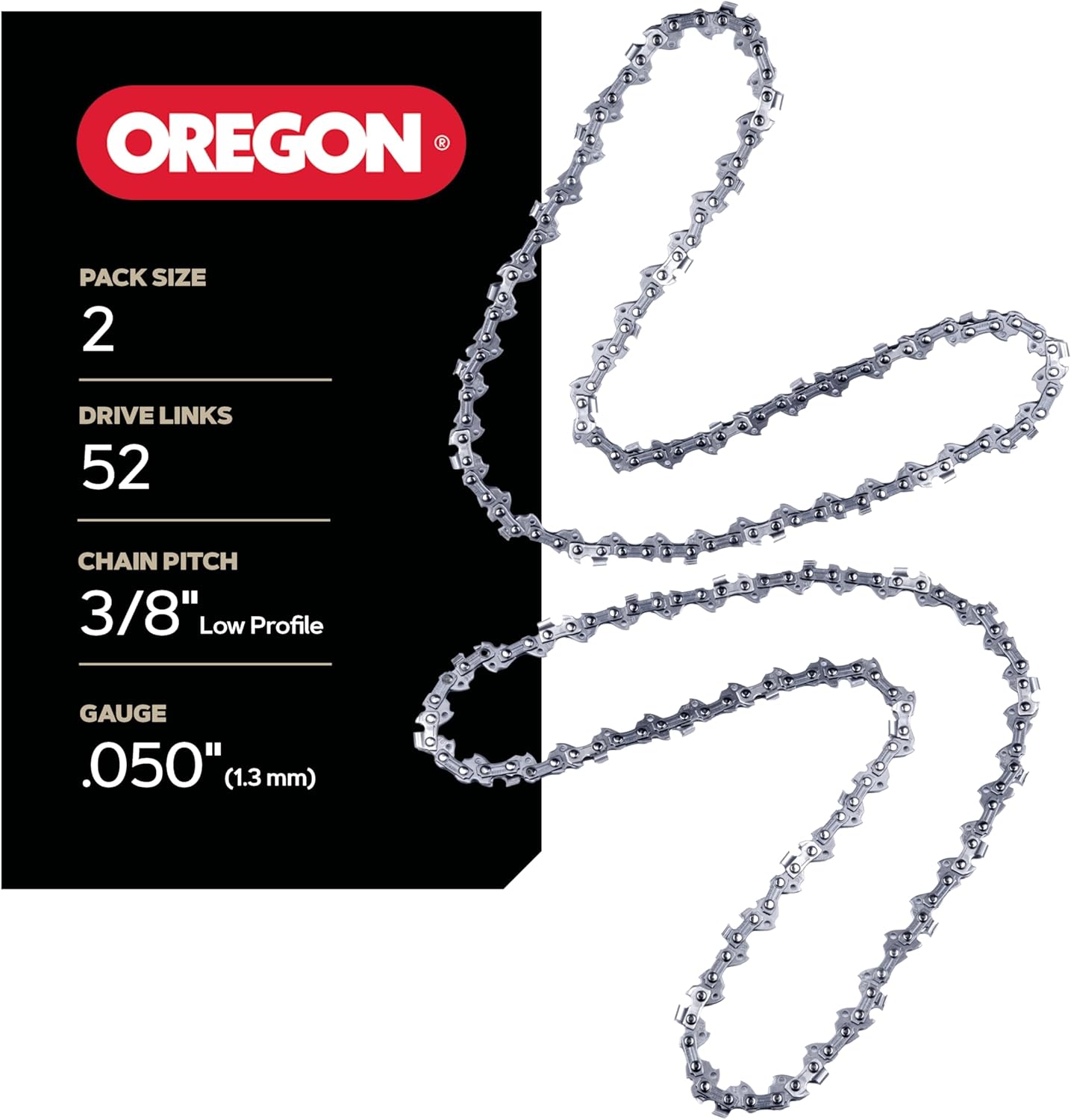 Oregon 2-Pack Chainsaw Chain 3/8" LP Pitch, .050" (1.3 mm) Gauge for 14" (35cm) Bar, 52 Drive Links – Low-kickback Replacement Saw Chain, Fits Earthwise, Echo, Greenworks, Homelite, Ryobi and more