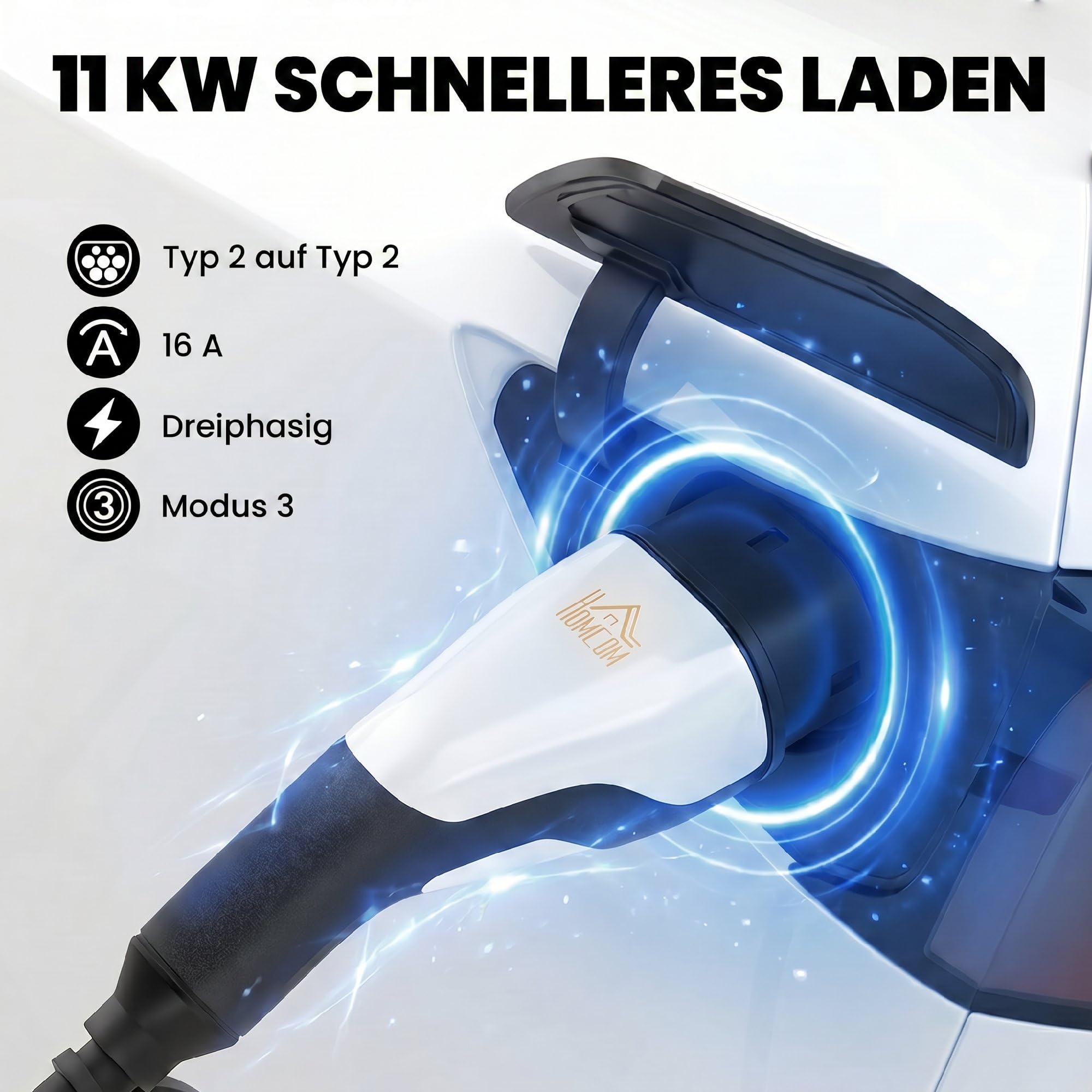 HOMCOM Typ 2 EV Ladekabel 11 kW 16 A Mode 3 5 m für Wallbox & Ladestation | 3-Phasen, Inkl. Reinigungstuch & Transporttasche, Schnellladekabel, EVs/PHEVs