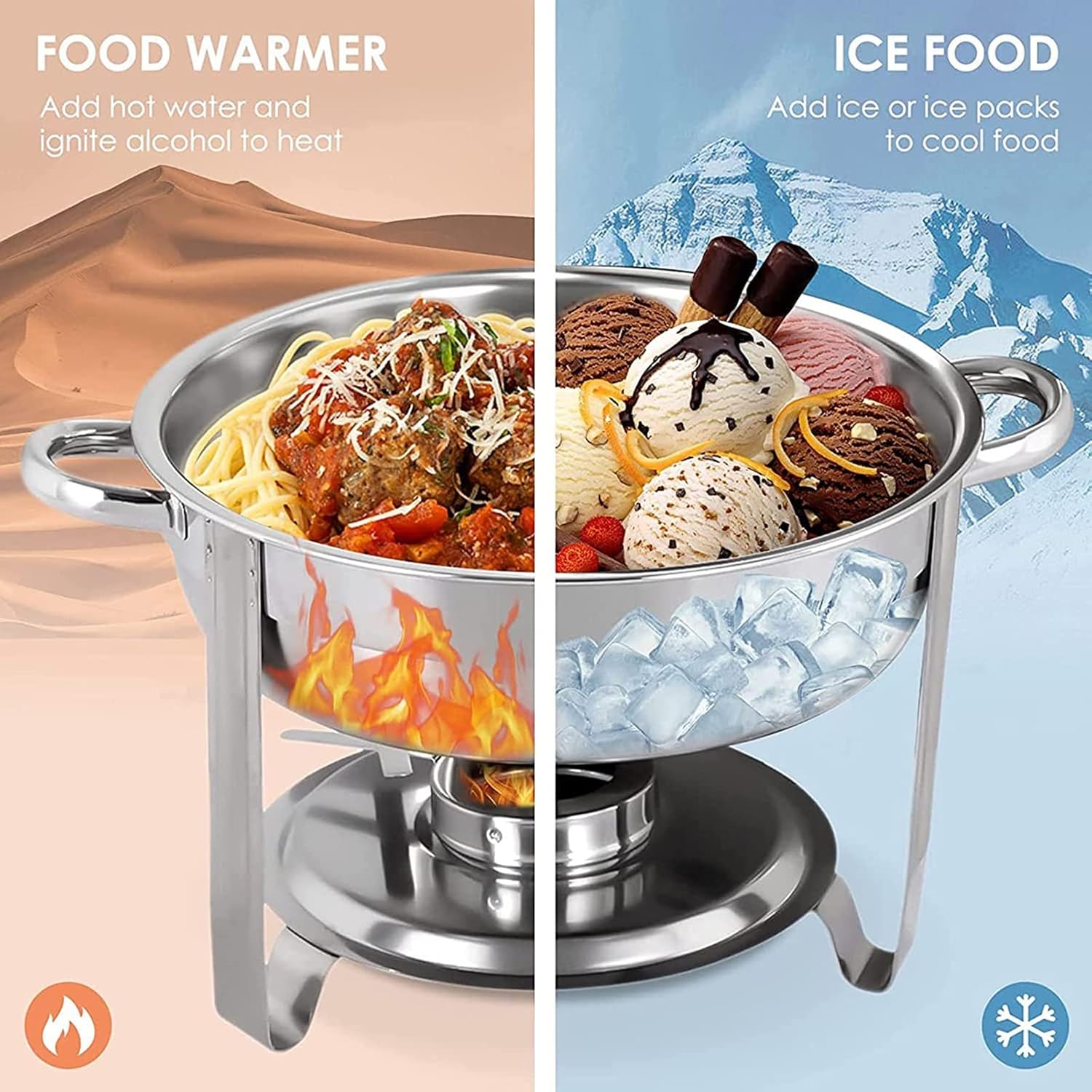 Round Stainless Steel Chafing Dish Set, Catering Buffet Food Warming Container with 5 L Food Pan and Fuel Holder, for Birthday Party Wedding Celebration,