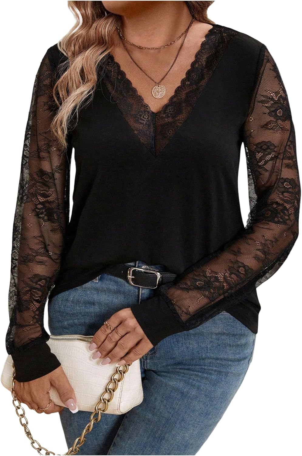 SOLY HUX Women's Plus Size Long Sleeve Lace Tops V Neck Blouses Dressy Casual Shirt