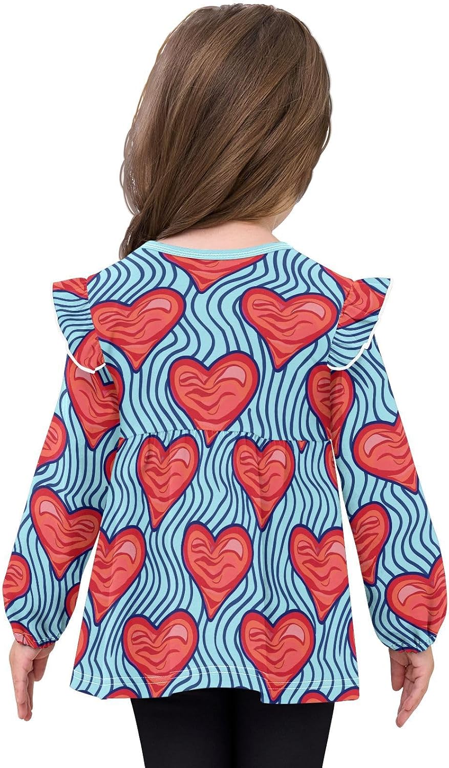visesunny Toddler Clothes for Girls Blue Wavy Line Heart Long Sleeve Fall Shirts Cotton Top with Ruffle Collar