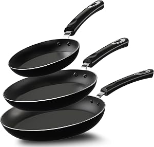 KICHLY Nonstick Frying Pan Set, 3 Piece Induction Bottom Chef's Pan, 8 Inches, 9.5 Inches and 11 Inches Cookware Set, Black