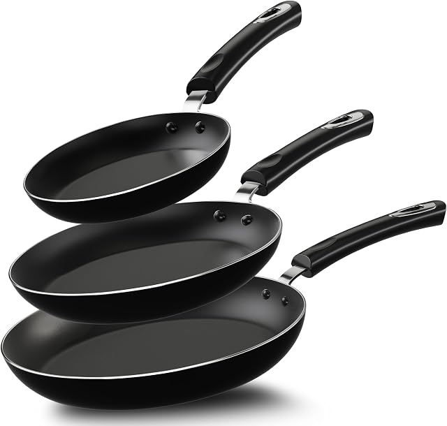 KICHLY Nonstick Frying Pan Set, 3 Piece Induction Bottom Chef's Pan, 8 Inches, 9.5 Inches and 11 Inches Cookware Set, Black