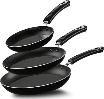 KICHLY Induction Hob Pan Sets Non Stick, 3 Pcs Fryingpans, Professional Chefs Kitchen Cookware, 20cm, 24cm, and 28cm Black, 1 Pack of 3