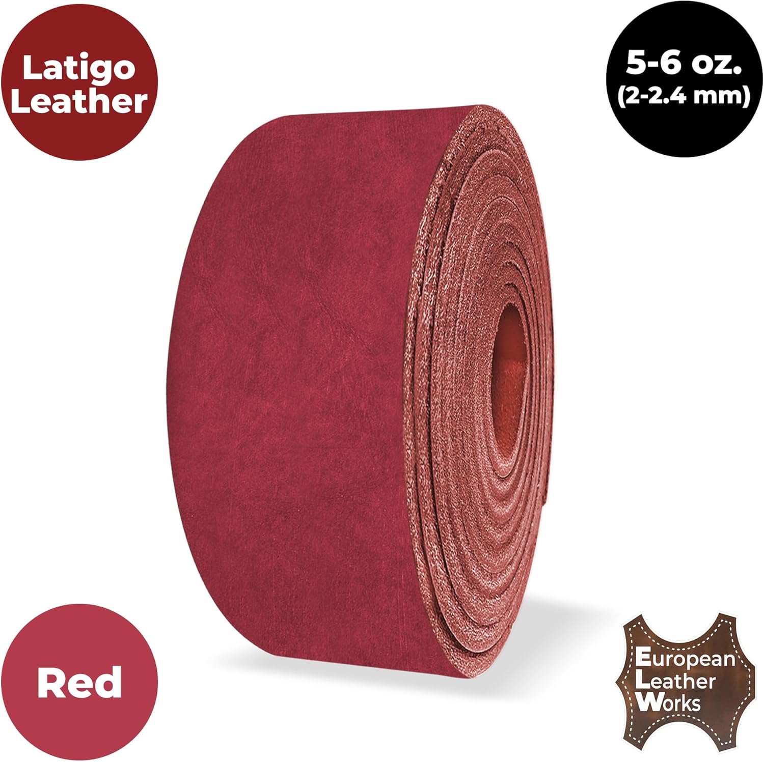 ELW 5-6 oz (2-2.4mm) Latigo Leather Belt Grade Straps | Size: 1.5"x84" (3.8x213cm) | Red | Full Grain Cowhide, Heavy Duty Holsters, Sheathes, Harness, Saddle, Guitar Straps, Crafts