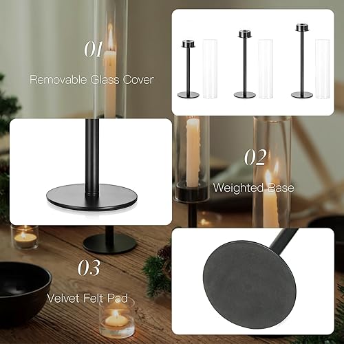 Miniatura 3 de Portavelas Black Hurricane Candeldo Taper Candelabros Candelabros de cristal, centro de mesa, juego de 3 velas para chimenea, decoración moderna