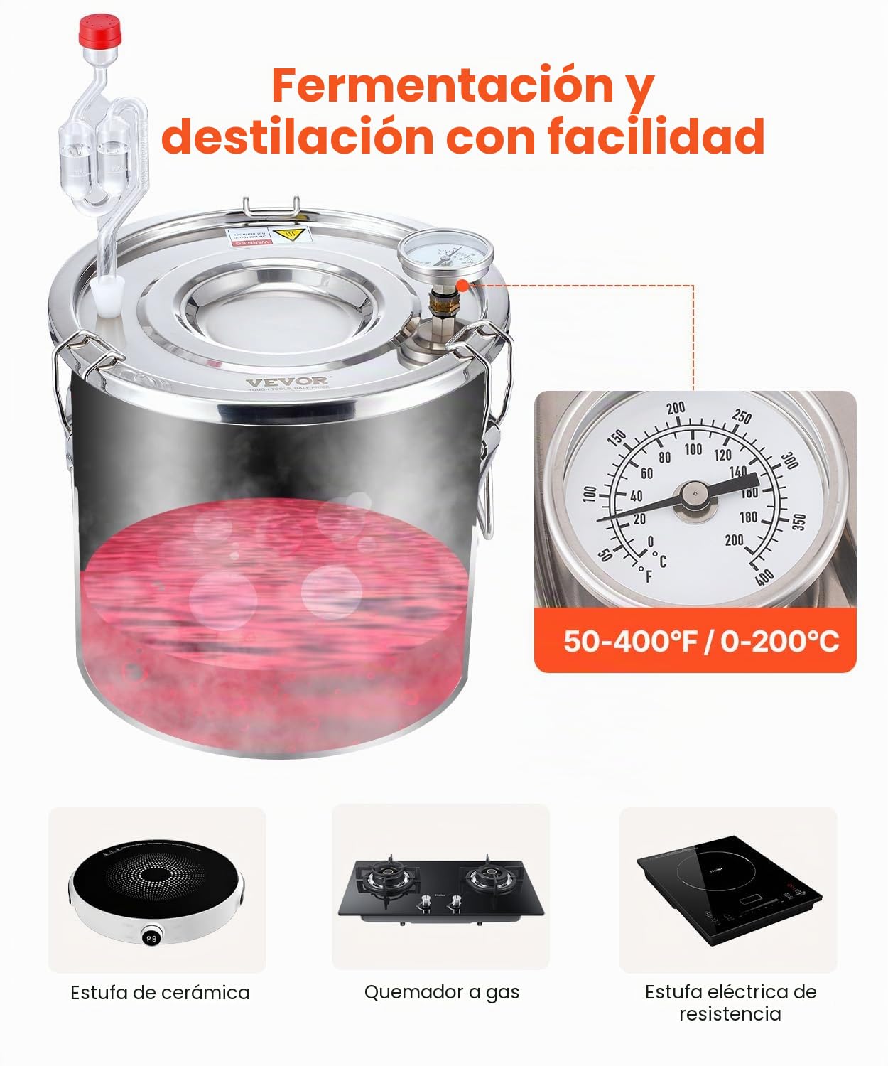 VEVOR Destilador de Alcohol Acero Inoxidable 11,4 L Bobina de Cobre Kit Fermentación Cerveza Casera