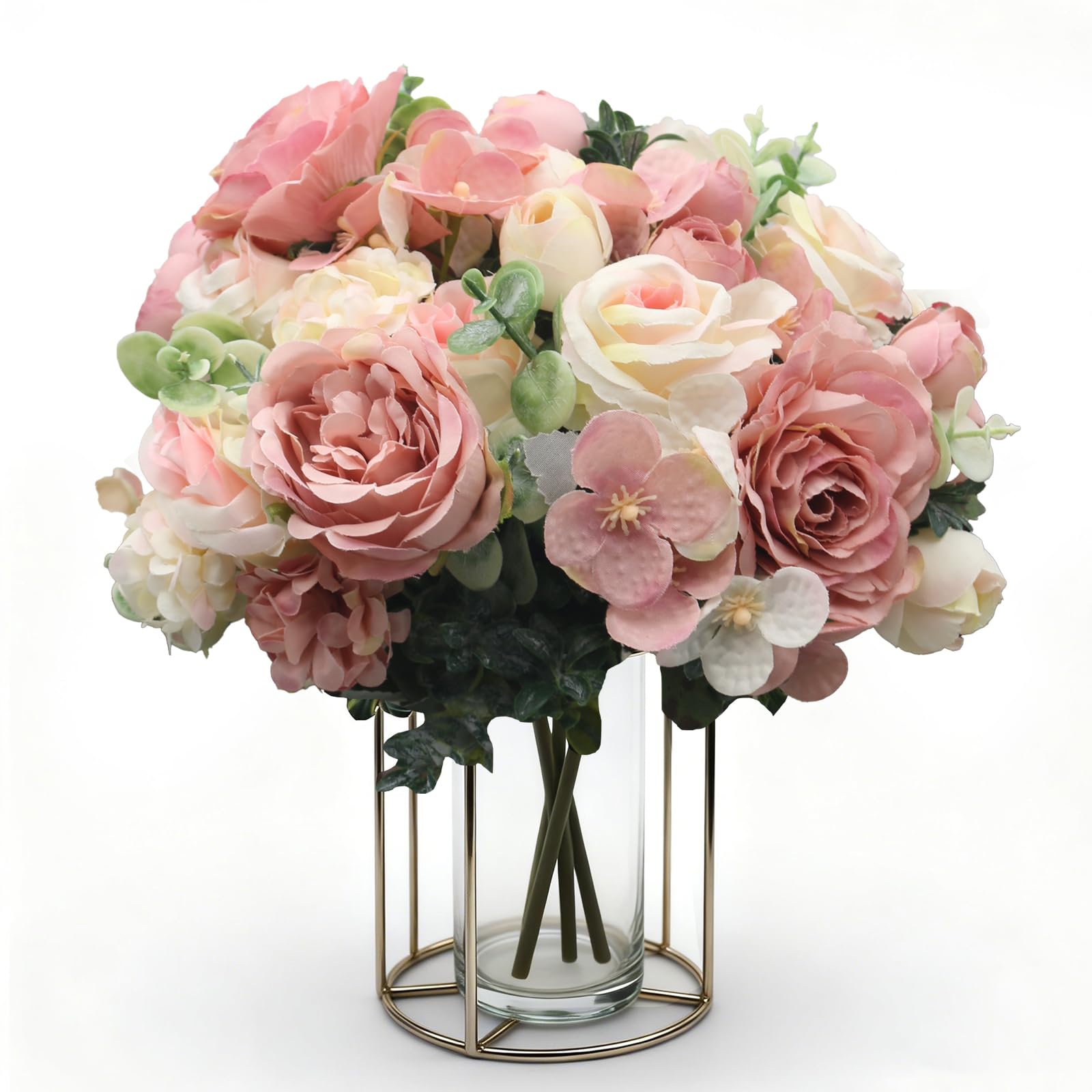 Bovun Pink Artificial Peony & Rose Bouquet, 3 Bunches Faux Silk Flowers With Hydrangea For Home, Wedding And Event Decoration (Pink)