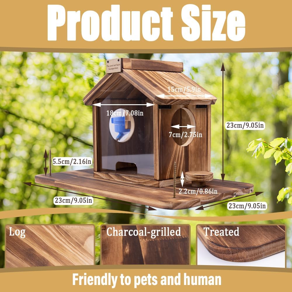 Squirrel Feeder for Outside,Durable Wooden Squirrels Feeder Platform with Squirrel Water Feeder and Stools,Squirrel Houses Picnic Table with Flag&Wooden Ladder,Fun Squirrels Houses for Garden Yard
