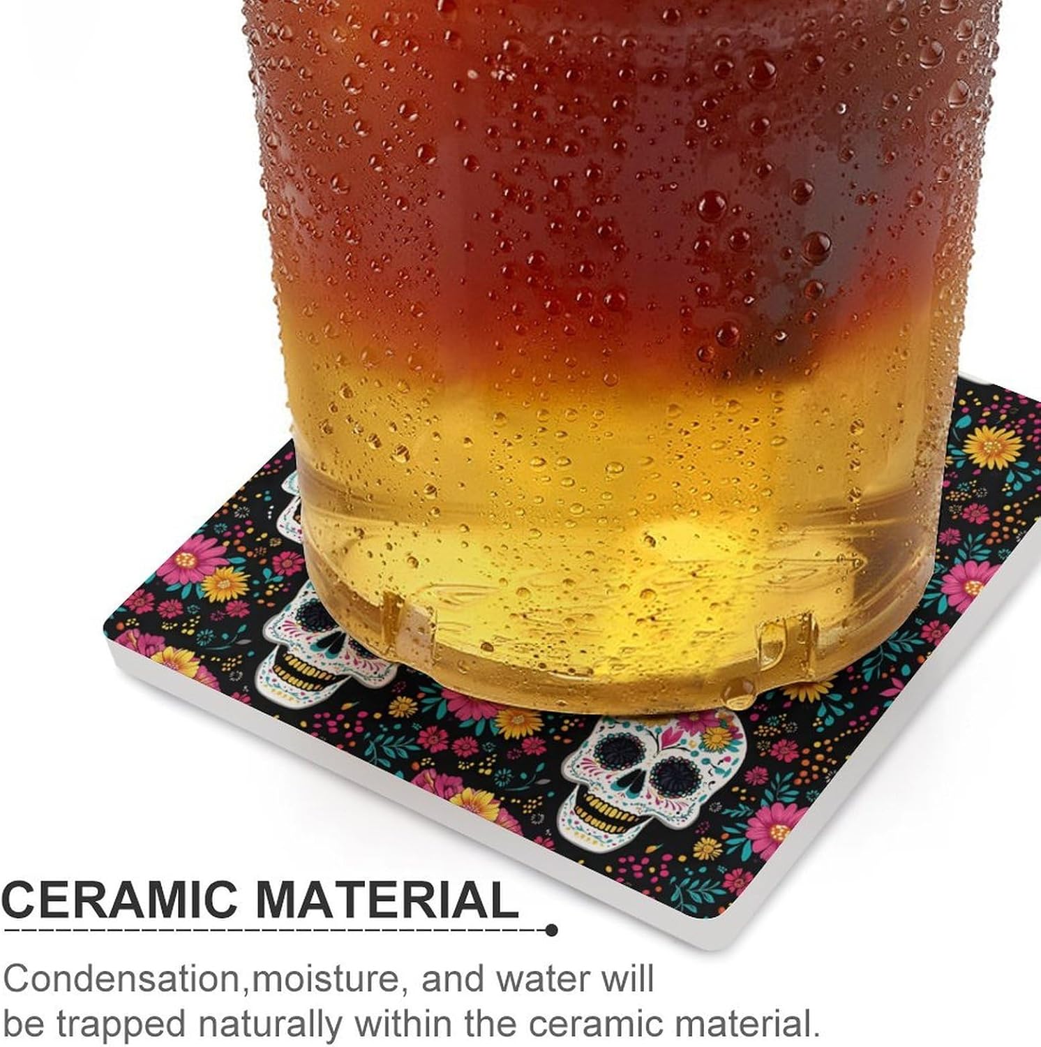 Skull Flower Coaster for Drinks Square Ceramic Table Coasters Stone Mat Crafts 6PCS Home Kitchen Decor