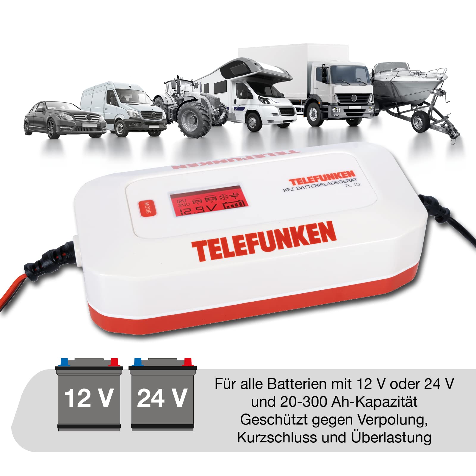 TELEFUNKEN Autobatterie Ladegerät TL 10A | Vollautomatisches Kfz-Batterie Ladegerät für Auto, Motorrad & Oldtimer | Erhaltungsladegerät | Akkuladegerät für das Überwintern von 12V 24V Batterien