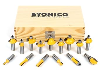 YONICO Router Bits Set 15 Bit 1/2-Inch Shank 17150 Professional Carbide Tipped Roundover, Cove, Chamfer, Bevel, Dovetail, Straight, Flush Trim, Slotting, Roman Ogee fresas de Router para Madera