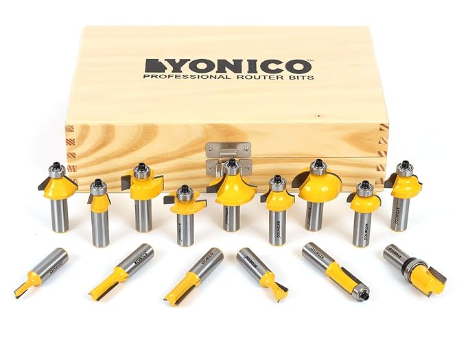 YONICO Router Bits Set 15 Bit 1/2-Inch Shank 17150 Professional Carbide Tipped Roundover, Cove, Chamfer, Bevel, Dovetail, Straight, Flush Trim, Slotting, Roman Ogee fresas de Router para Madera