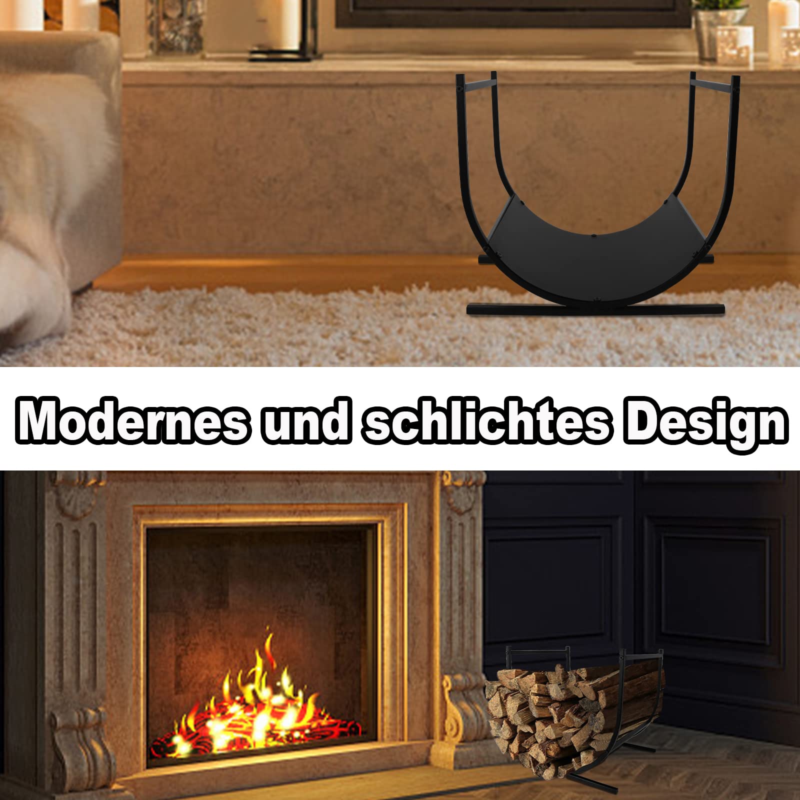 YRHome Scaffale per legna da ardere, semicircolare, 44,5 x 37,5 x 40 cm (lunghezza x larghezza x altezza), in acciaio verniciato a polvere, per legna da ardere, per interni ed esterni, colore nero