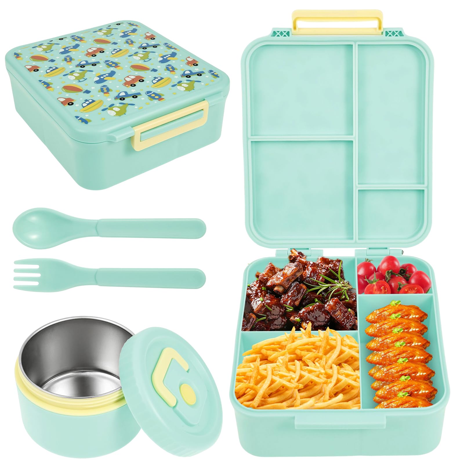 YUNYOUC Kids Lunch Box, 1700ml Packed Lunch Box with Soup Jar Spoon Fork, Food Container with Multi-Compartments for Boys Girls Children Toddler Adult Work School(Green)