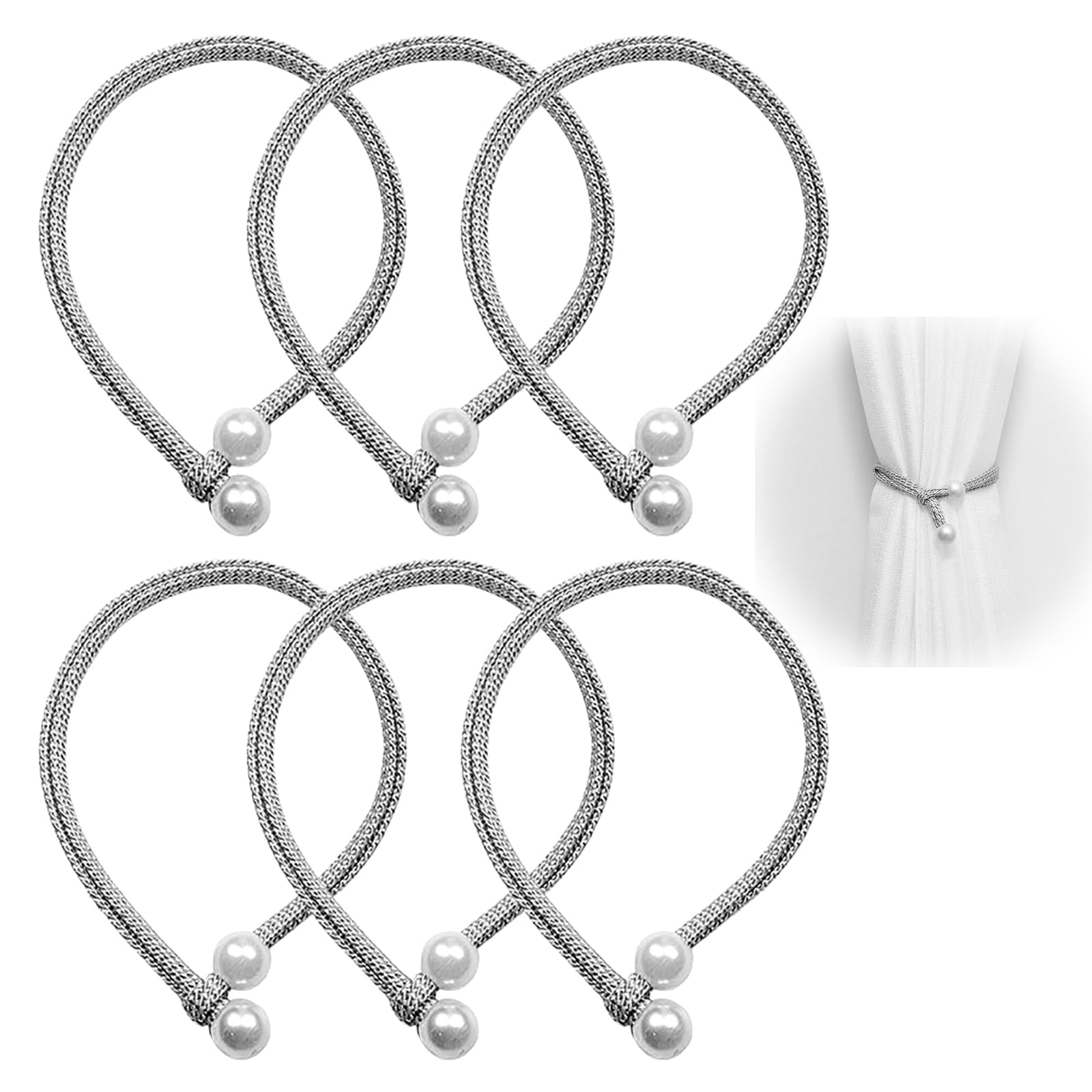 6 Pack Braided Pearl Curtain Tiebacks, Adjustable Decorative Rope Holdbacks, Elegant Grey Curtain Fasteners for Bedroom Living Room Office