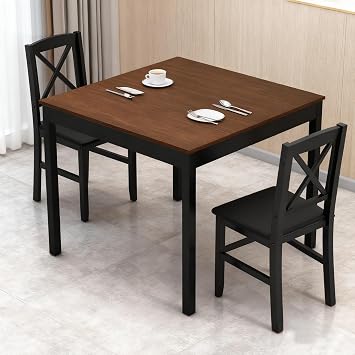 POWERSTONE Small Dining Table Set for 2, Square Kitchen Table with 2 Upholstered Chairs, 3 Pieces Wooden Dinette Set for Small Space, Apartment, Kitchen Breakfast Brown&Black