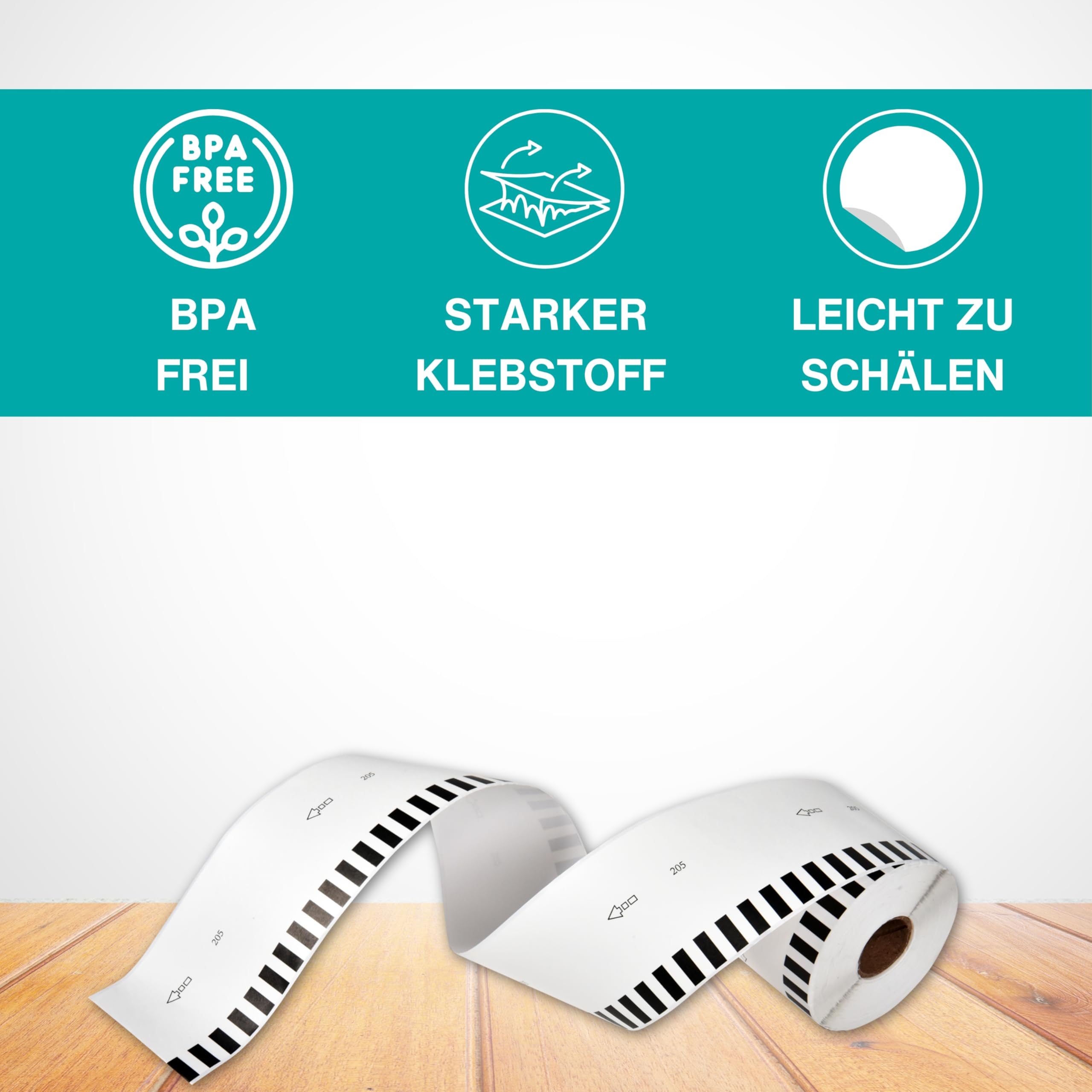 Double Dragon 10 Rollen DK-22205 Endlospapier Etiketten, 62mm x 30,48m, für Brother QL Drucker (QL-800/810W/820NWB/500/550/570/650TD/700/710W/720NW/1050/1060N), inkl. 10 Halterungen