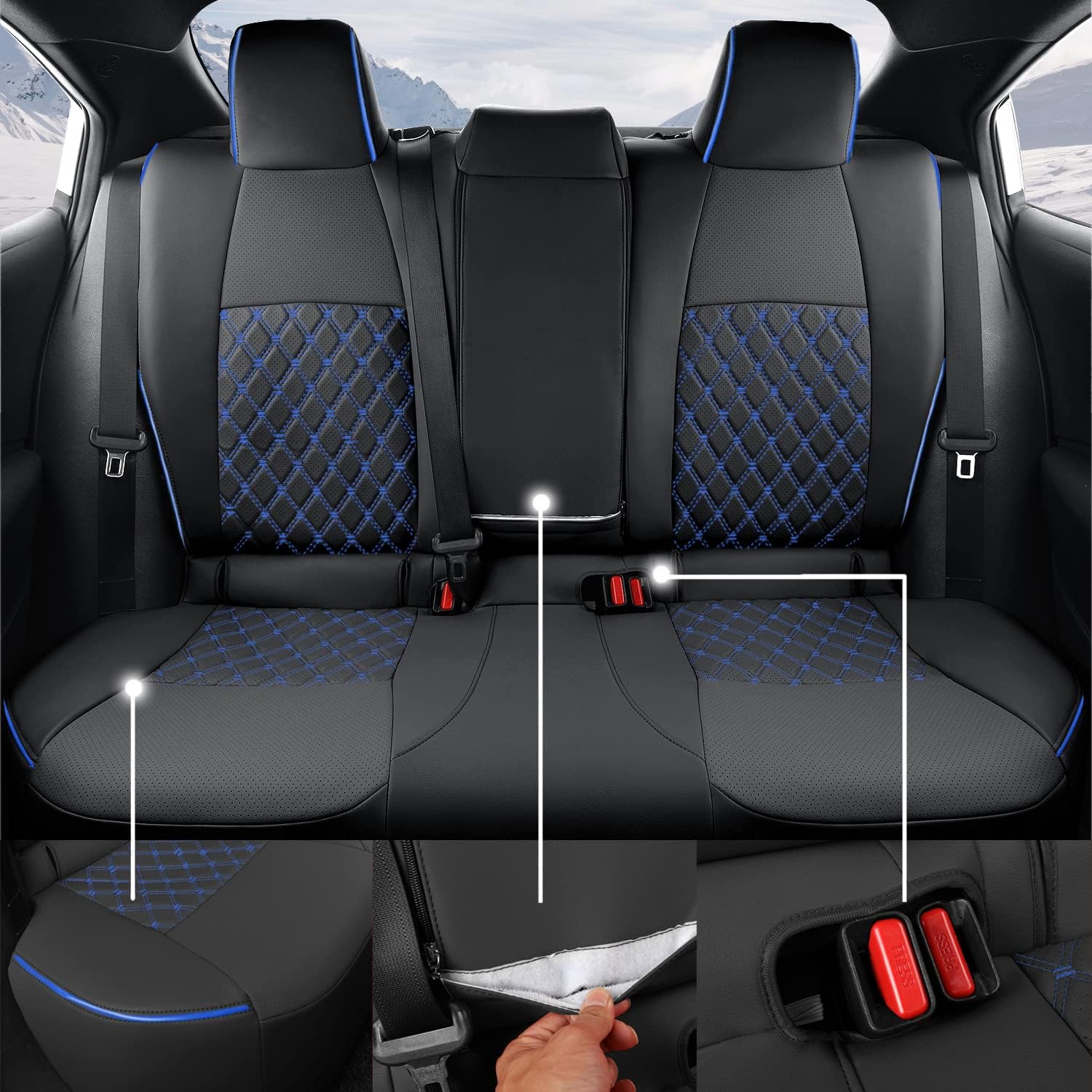 GIANT PANDA Customized Full Set Car Seat Covers Fit for Toyota Corolla L LE 2020 2021 2022 Faux Leather- (Black+Blue)