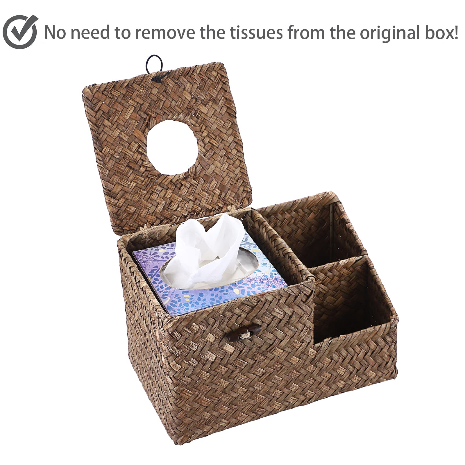 BTSKY Household Seagrass Facial Tissue Box With Two Side Storage Pockets (Coffee), 23x14x14cm - Image 3