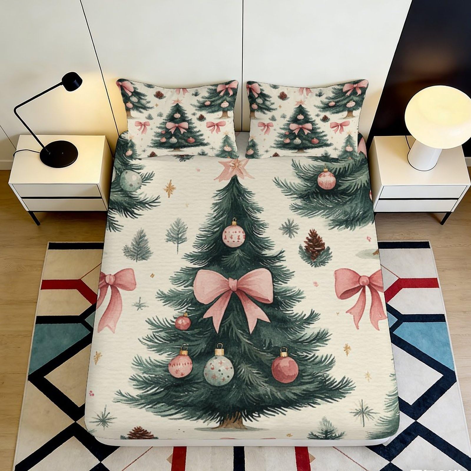 3D Printed Christmas Tree Fitted Sheet Microfiber Soft Breathable Holiday Bed Cover with Pink Bow Ornaments Mattress Cover for Bedroom Dormitory Guest Room 180x200x25cm