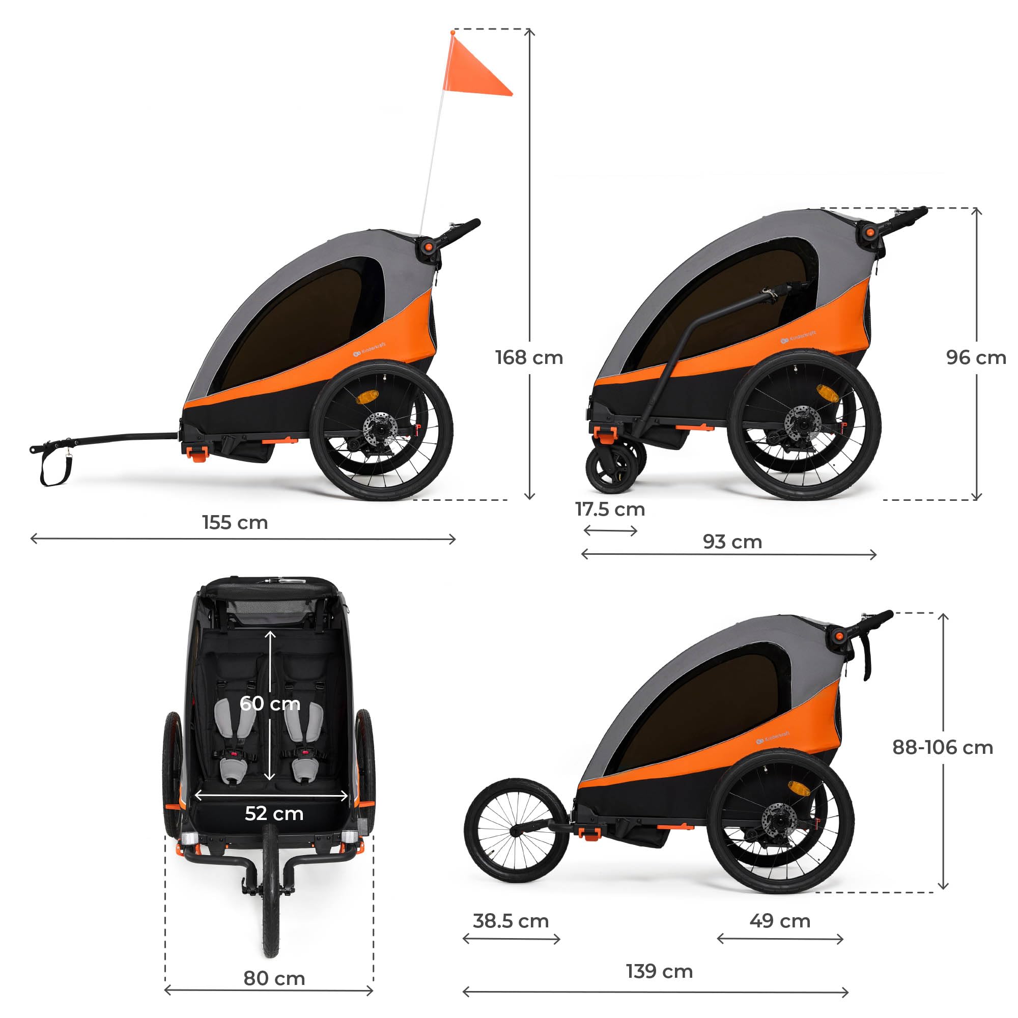 Kinderkraft NAVA 3in1, Kinderwagen, Laufwagen und Fahrradanhänger, für ein oder zwei Kinder (bis 44 kg), Sonnenschutz, zwei unabhängige Bremsen, Aluminiumrahmen, leicht zu falten,Orange