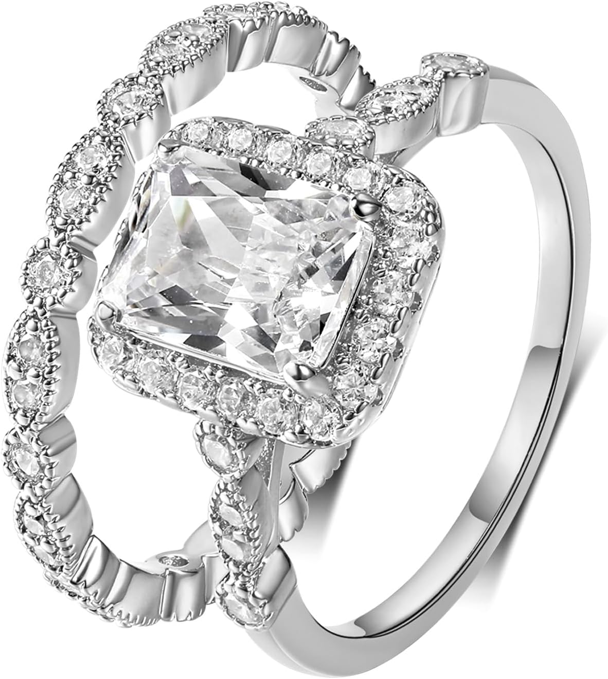 MDFUN 18K White Gold Engagement Rings for Women – Two-in-One Rectangle Cut Halo Cubic Zirconia Engagement & Wedding Ring Set, Promise Rings for Her Size 5-10