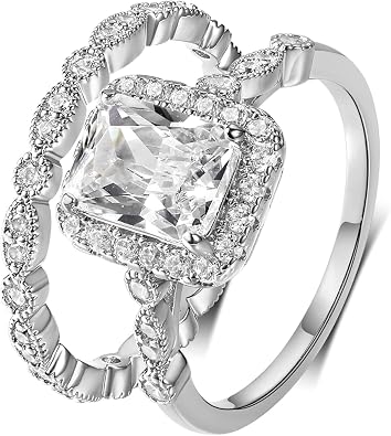 MDFUN 18K White Gold Engagement Rings for Women Two-in-One Rectangle Cut Halo Cubic Zirconia Engagement & Wedding Ring Set, Promise Rings for Her Size 5-10