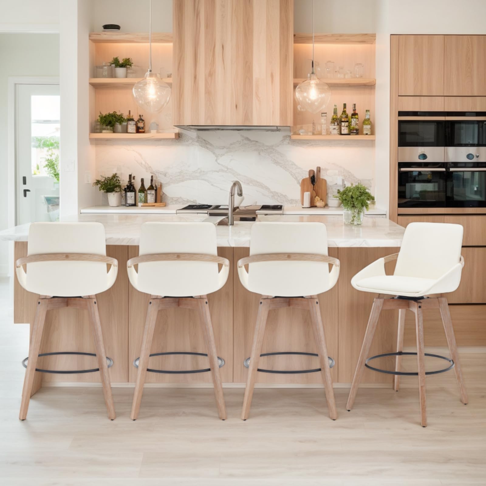 CIMOTA Leather Swivel Bar Stools Set of 4, Mid-Century Modern Counter Height Chairs with Faux PU Upholstery and Natural Wooden Legs for Kitchen Island