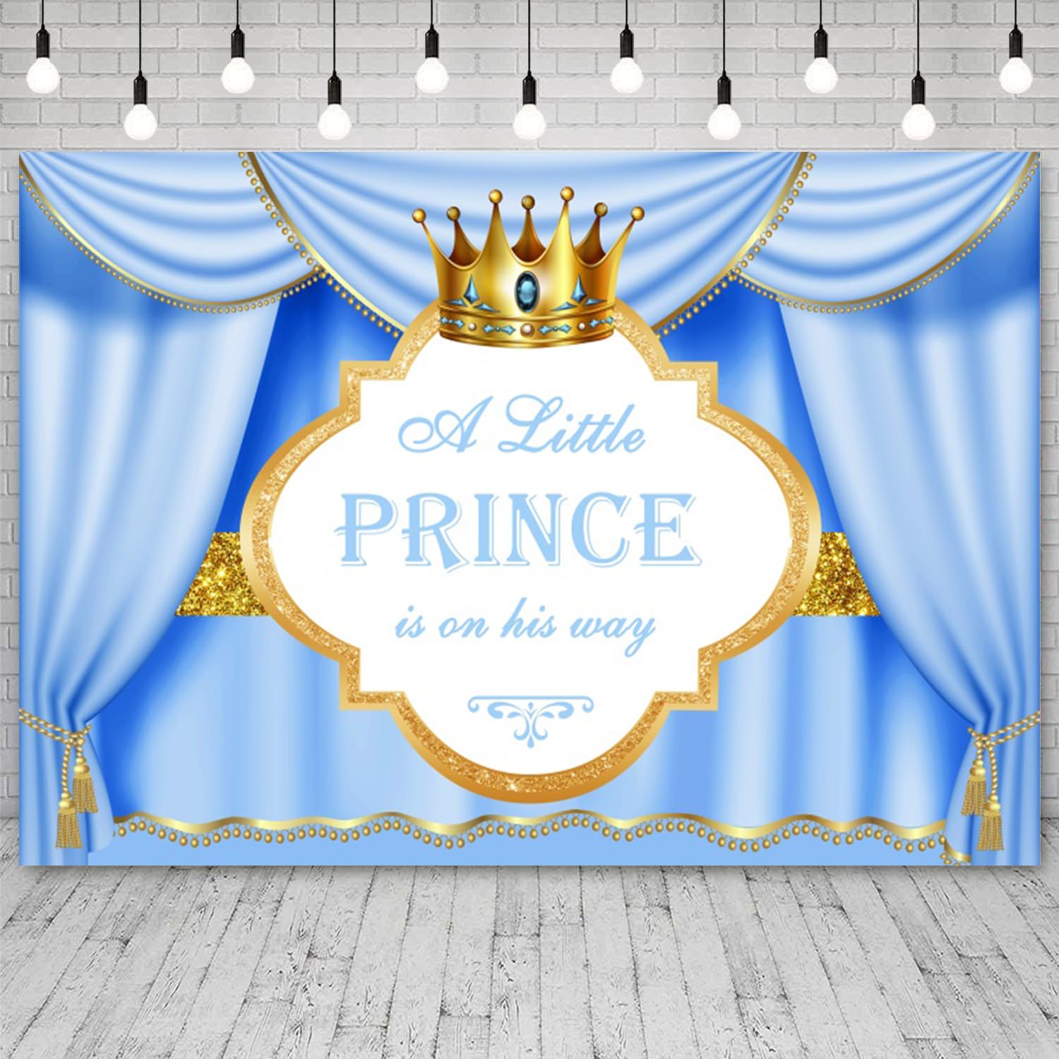 Toile de fond bleue pour fête prénatale « A Little Prince is On His Way » - 3 x 2,4 m - Couronne dorée - Bannière de fête prénatale - Décoration pour nouveau-né garçon