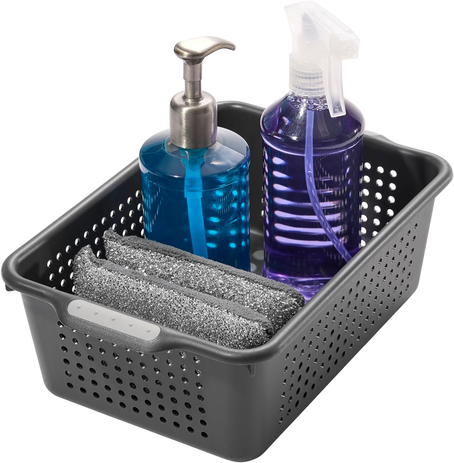 Small Storage Basket, Multipurpose Organizer with Soft-Grip Handles & Non-Slip Feet, Heavy-Duty Ventilated Design for Laundry, Bath & Kitchen, Carbon, 12 x 8 x 4"
