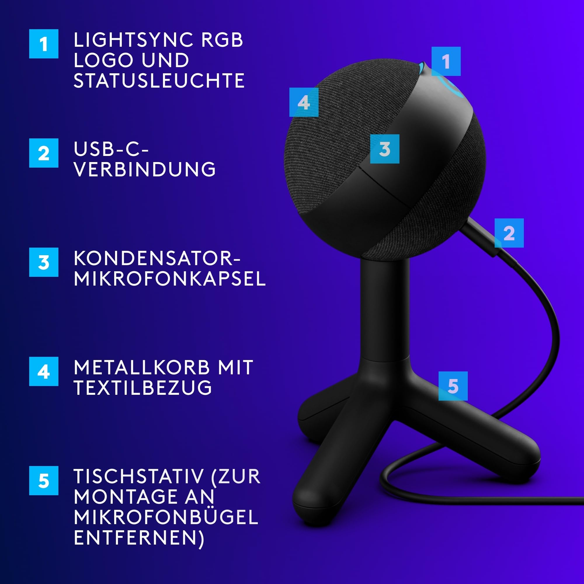 Logitech G Yeti Orb Gaming-Kondensatormikrofon mit RGB und LIGHTSYNC, USB-Mikrofon, Niere, Plug-and-Play für PC/Mac – Schwarz