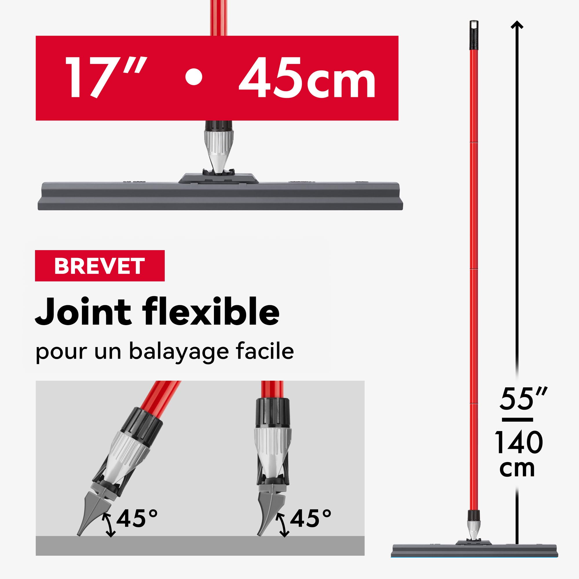 Tyroler Balai Raclette Sol Extérieur Terrasse | Tête de 45 cm 100% Silicone | 4 Parties de 140 cm de Long | Idéal pour Toutes Les Surfaces | Raclette Douche Sol | Raclettes Professionnelle