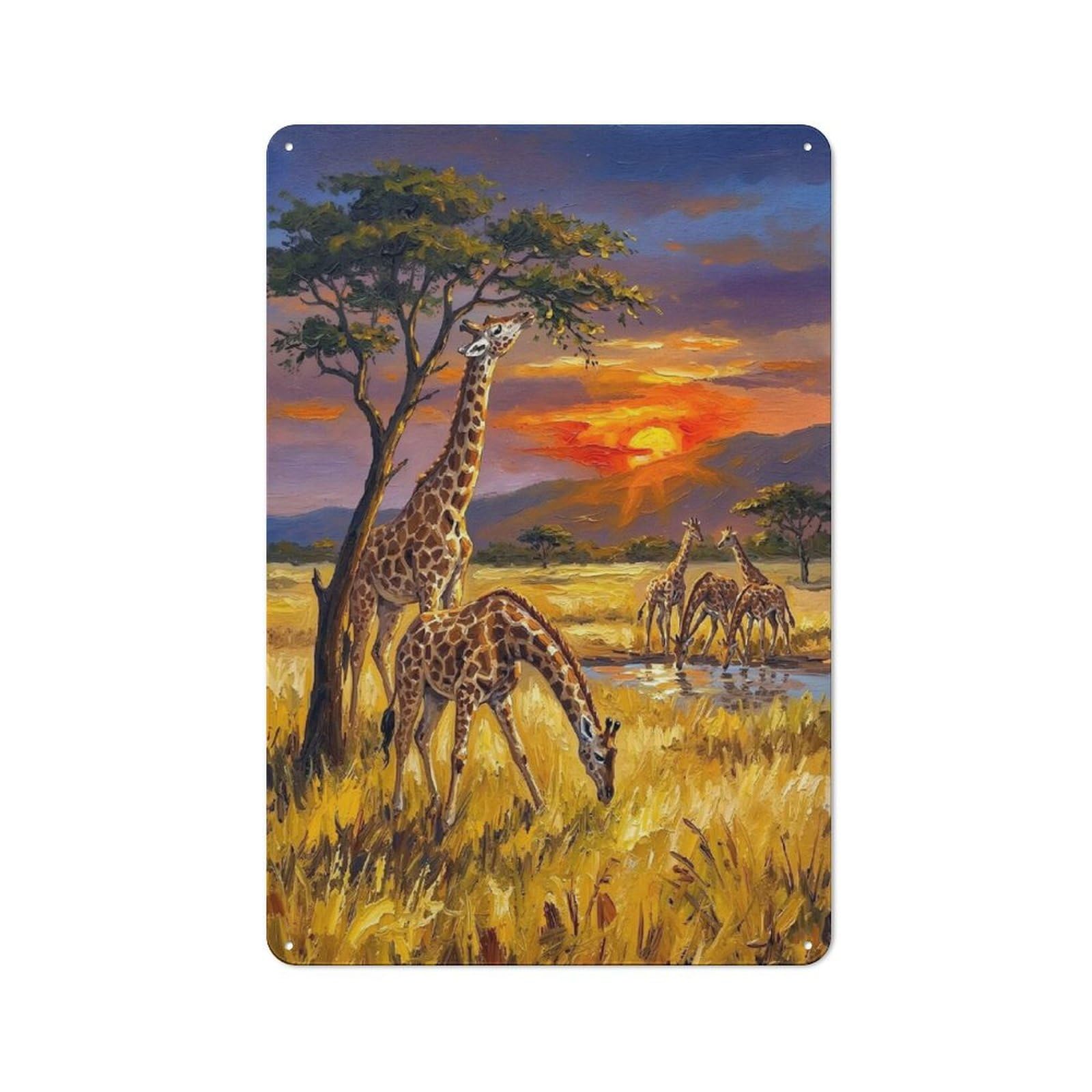 Metal Plaque with Giraffes at Sunset Painting Design 30x20cm, Retro Kitchen Wall Decor for Bakery, Diner, Cafe Or Family Room